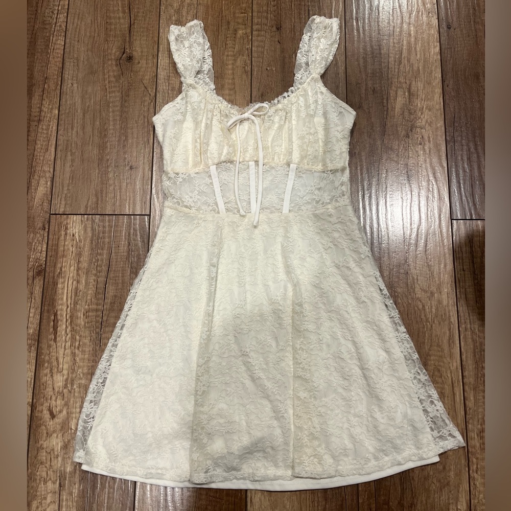 White Dainty Lace Corset Babydoll Mini Dress Coquette Cottagecore Bridal Grad